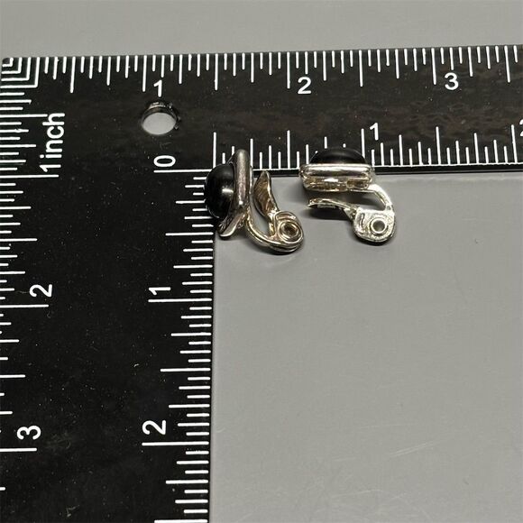 Monet Vintage Silver Tone Clip-On Earrings Black Onyx Cabochons - Picture 8 of 10